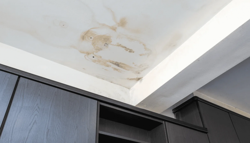 Close-up of a small ceiling stain beginning to spread outward
