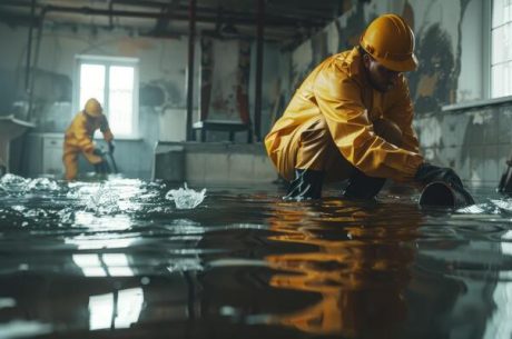 Technician walking through a flooded living room, inspecting water damage