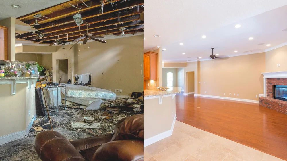 Repaired living room with new paint and restored walls after fire cleanup