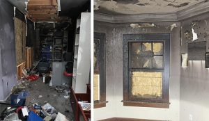 Interior room showing smoke and fire damage