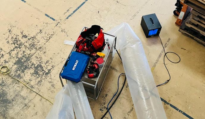 A specialized restoration technician using a thermal fogger to perform industrial,grade smoke deodorization in a commercial office space