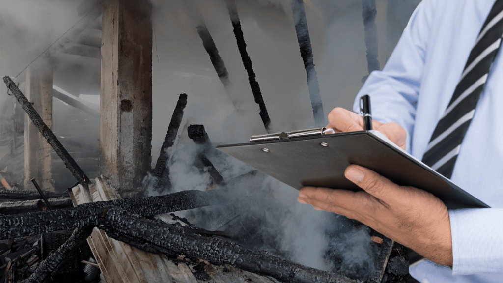 restoration expert and an insurance adjuster reviewing fire damage digital documentation on a tablet inside a commercial building