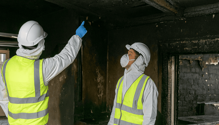 Professional fire restoration team assessing a commercial warehouse interior after a structural fire in Rancho Cucamonga