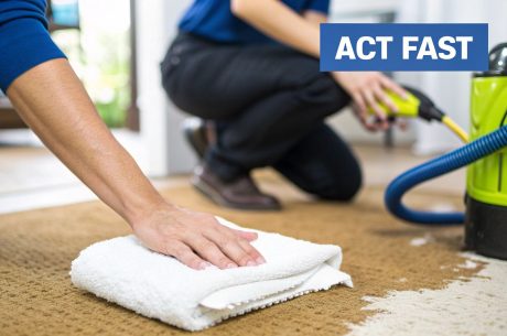 Professional water damage clean up technician extracting water from a residential carpet using industrial,grade vacuum equipment