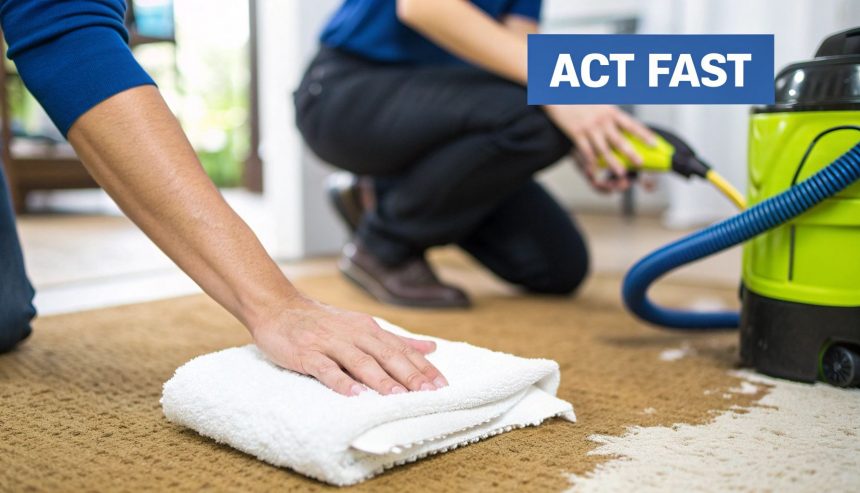 Professional water damage clean up technician extracting water from a residential carpet using industrial,grade vacuum equipment