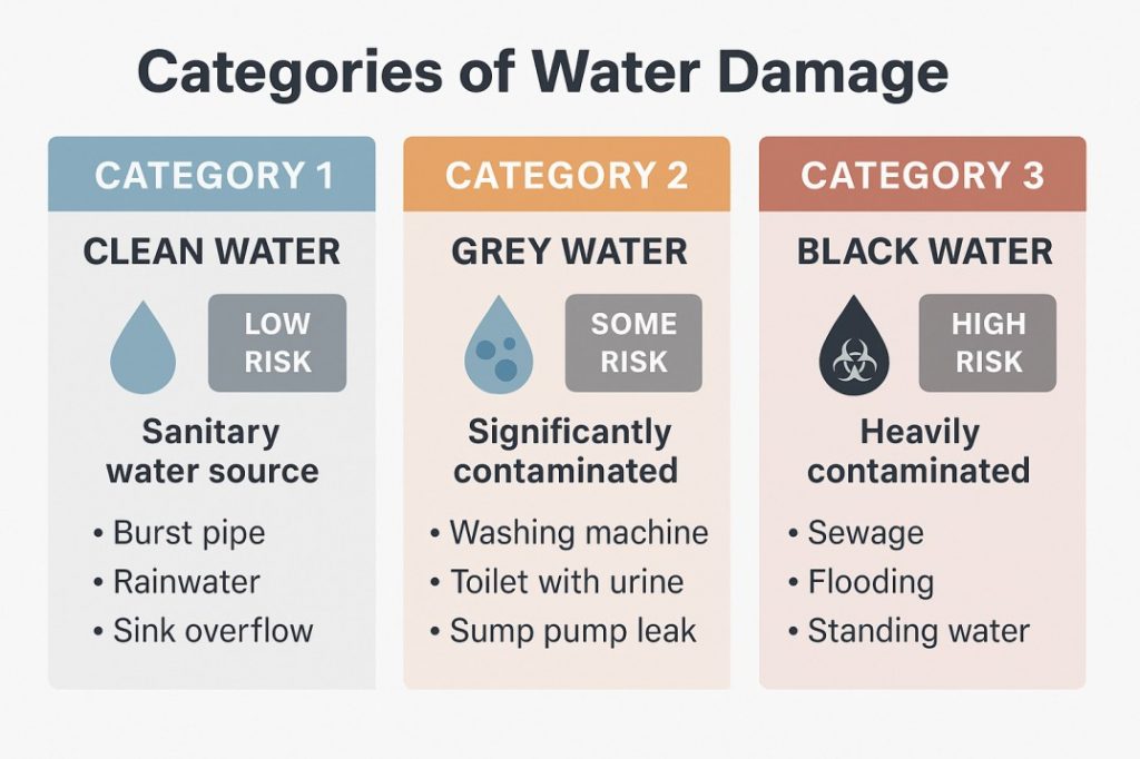 Infographic explaining the three categories of water damage clean up, featuring clean water, grey water, and black water contamination levels