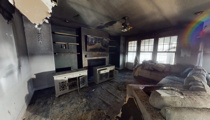 Heavy ash and soot deposits inside a Rancho Cucamonga home requiring fire restoration