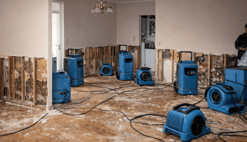 Water damage clean up in progress at a stucco exterior home in a Rancho Cucamonga CA master-planned community following a plumbing failure