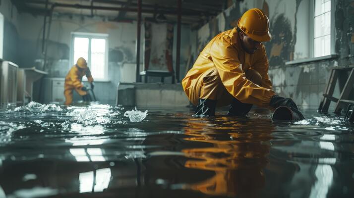 Technician walking through a flooded living room, inspecting water damage
