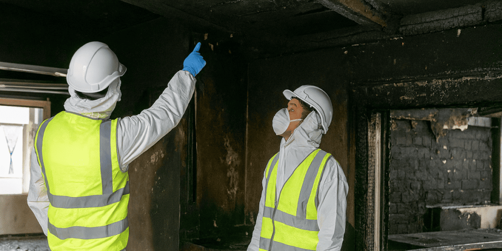 Professional fire restoration team assessing a commercial warehouse interior after a structural fire in Rancho Cucamonga