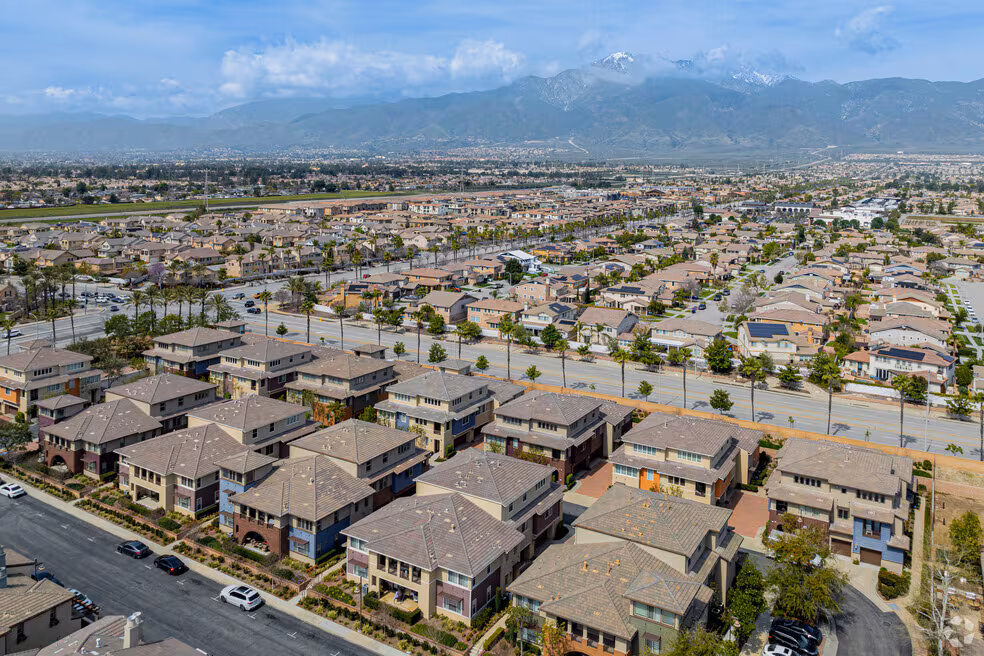 Aerial view of Rancho Cucamonga CA residential neighborhoods representing the service area of PuroClean of Rancho Cucamonga property restoration services