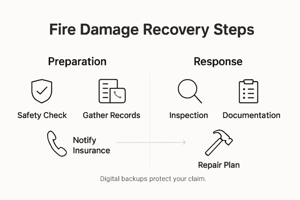 Fire damage restoration professional documenting scope of loss for an insurance claim at a Rancho Cucamonga CA residential property