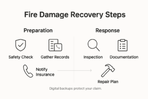 Fire damage restoration professional documenting scope of loss for an insurance claim at a Rancho Cucamonga CA residential property