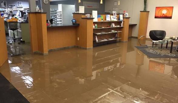 Water damage restoration service team assessing flooded medical office interior in Rancho Cucamonga CA requiring specialized compliance-aware restoration response