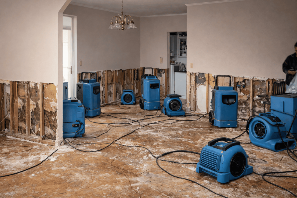 Water damage clean up in progress at a stucco exterior home in a Rancho Cucamonga CA master-planned community following a plumbing failure