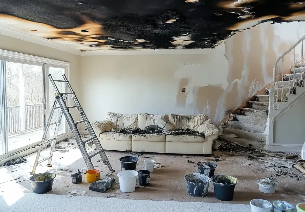 Severely fire-damaged room with a charred ceiling, burnt sofa, and restoration equipment on