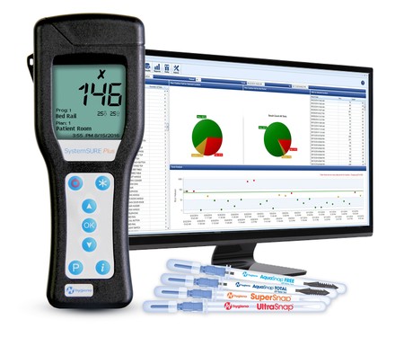 A restoration specialist using an ATP hygiene monitoring system to verify that a surface is biologically clean