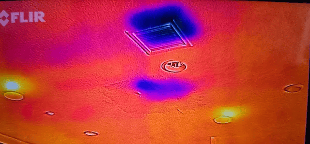 Infrared thermal imaging showing hidden moisture pockets inside a wall during a water damage restoration inspection in Ridgewood