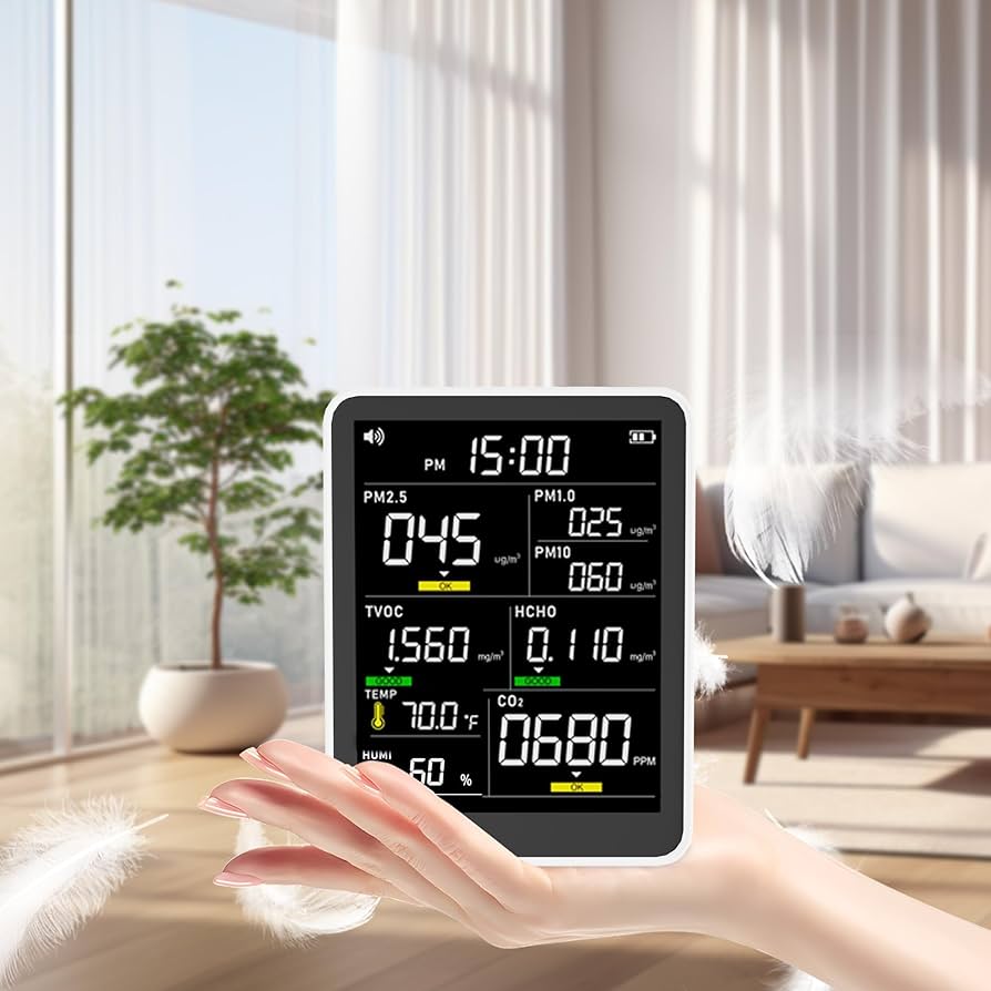 Air quality testing device being used inside a living room