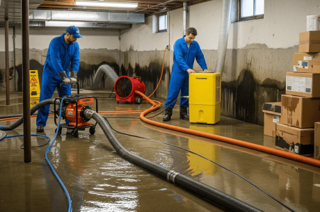 Professional water restoration technician using extraction equipment in a flooded Ridgewood basement