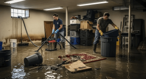 A professional water damage restoration technician using a truck,mounted extraction system to clear a flooded basement in Ridgewood, NJ