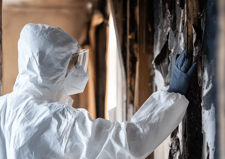 Close,up of a fire restoration technician using a specialized chemical sponge to remove soot from a Ridgewood property wall