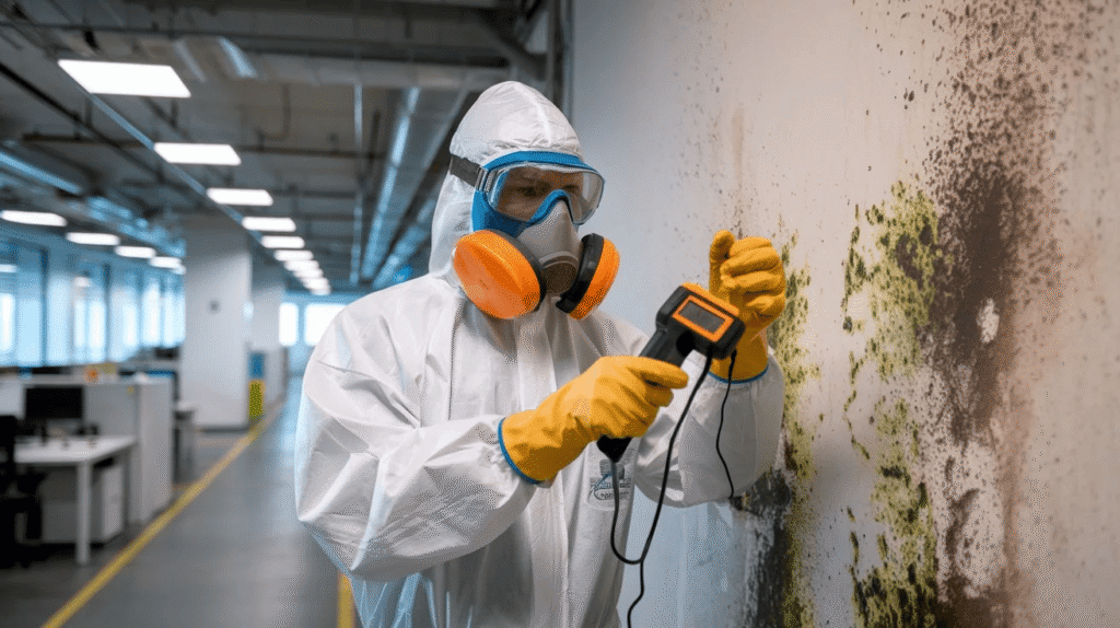 Professional mold remediation technician using an infrared camera to detect hidden moisture behind a Ridgewood basement wall