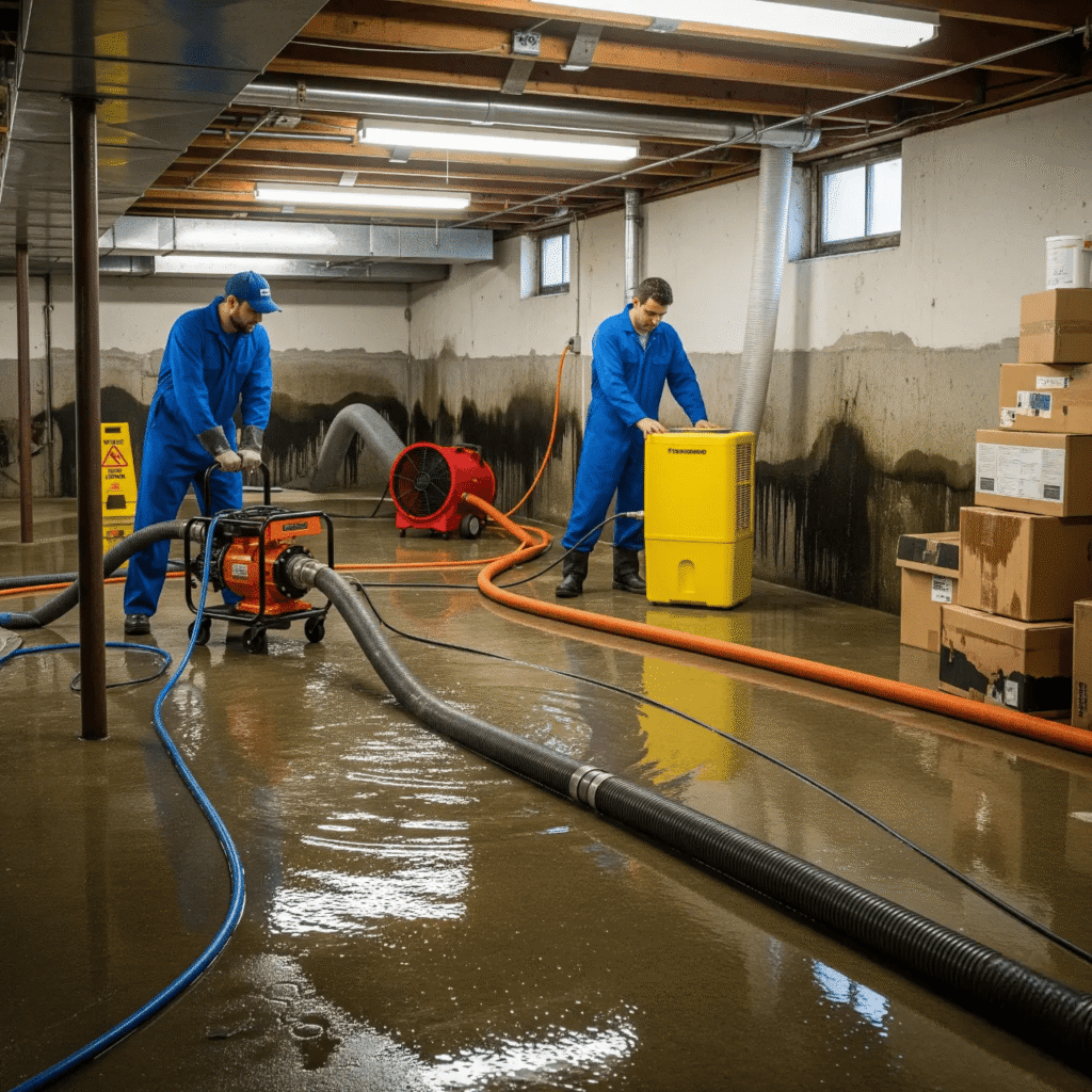 Professional water restoration technician using extraction equipment in a flooded Ridgewood basement