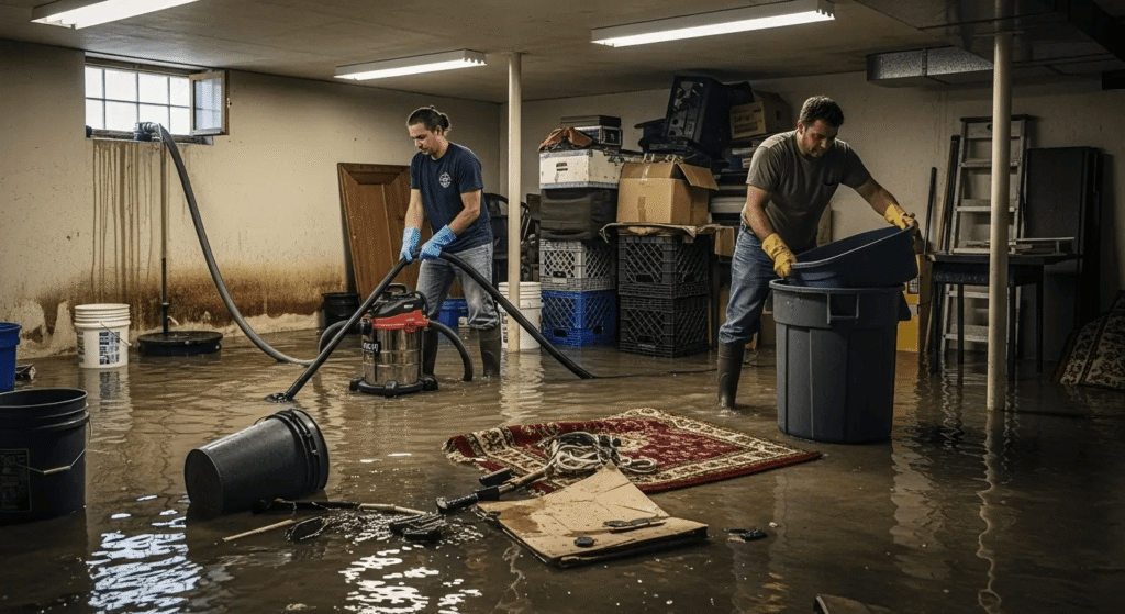 A professional water damage restoration technician using a truck,mounted extraction system to clear a flooded basement in Ridgewood, NJ