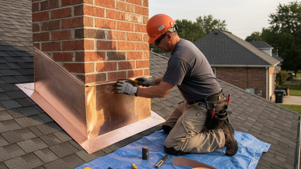 Roof and chimney flashing inspection on an older Ridgewood NJ home as part of winter storm preparation to prevent Nor'easter water damage