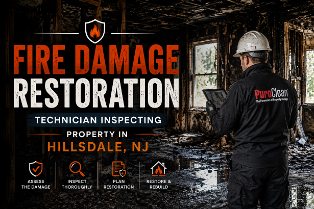 fire damage restoration technician inspecting property in Hillsdale NJ