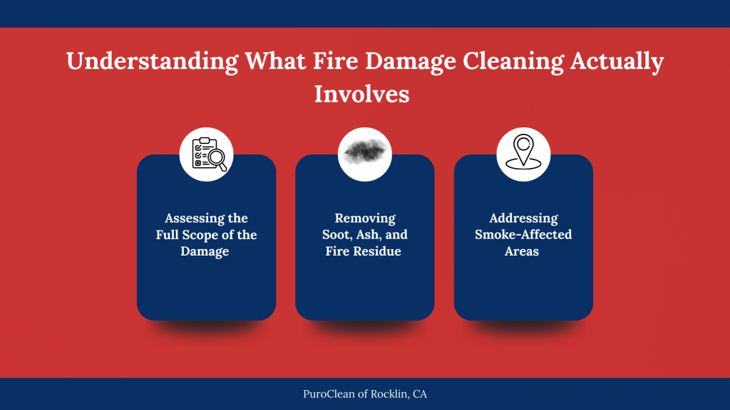 “Infographic titled ‘Understanding What Fire Damage Cleaning Actually Involves’ showing three steps: assessing the full scope of the damage, removing soot, ash, and fire residue, and addressing smoke-affected areas. Branded by PuroClean of Rocklin, CA