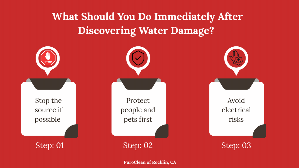 Infographic explaining what to do immediately after discovering water damage, including stopping the source, protecting people and pets, and avoiding electrical risks in Rocklin.