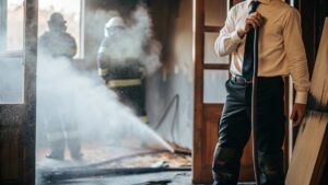Fire damage cleaning in a Rocklin home after a fire, showing smoke residue removal and post-fire cleanup work.