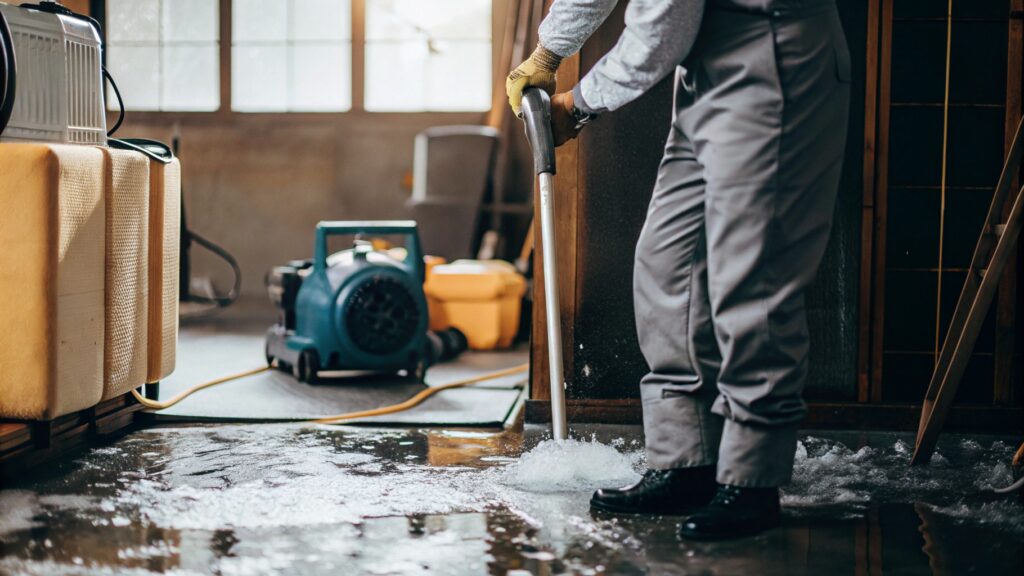 Professional water damage restoration technician extracting standing water during the restoration process in a Rocklin CA home.