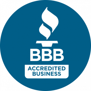 BBB Accredited Business logo featuring a blue circle with a flame and the text "BBB Accredited Business.