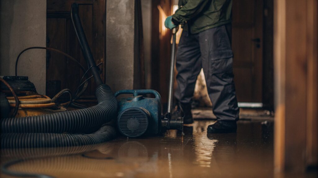 Professional performing emergency water damage restoration and water removal service in a flooded home in Rocklin.