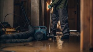 Professional performing emergency water damage restoration and water removal service in a flooded home in Rocklin.