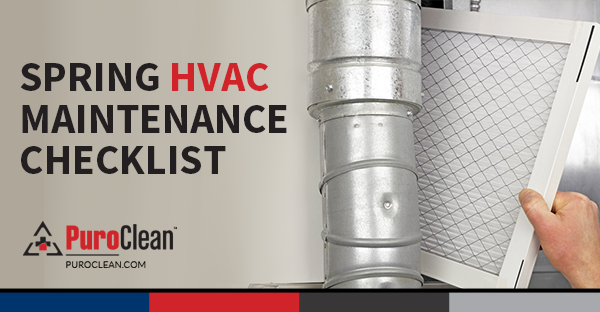 A hand holds an HVAC air filter next to a metal duct, with text "Spring HVAC Maintenance Checklist".
