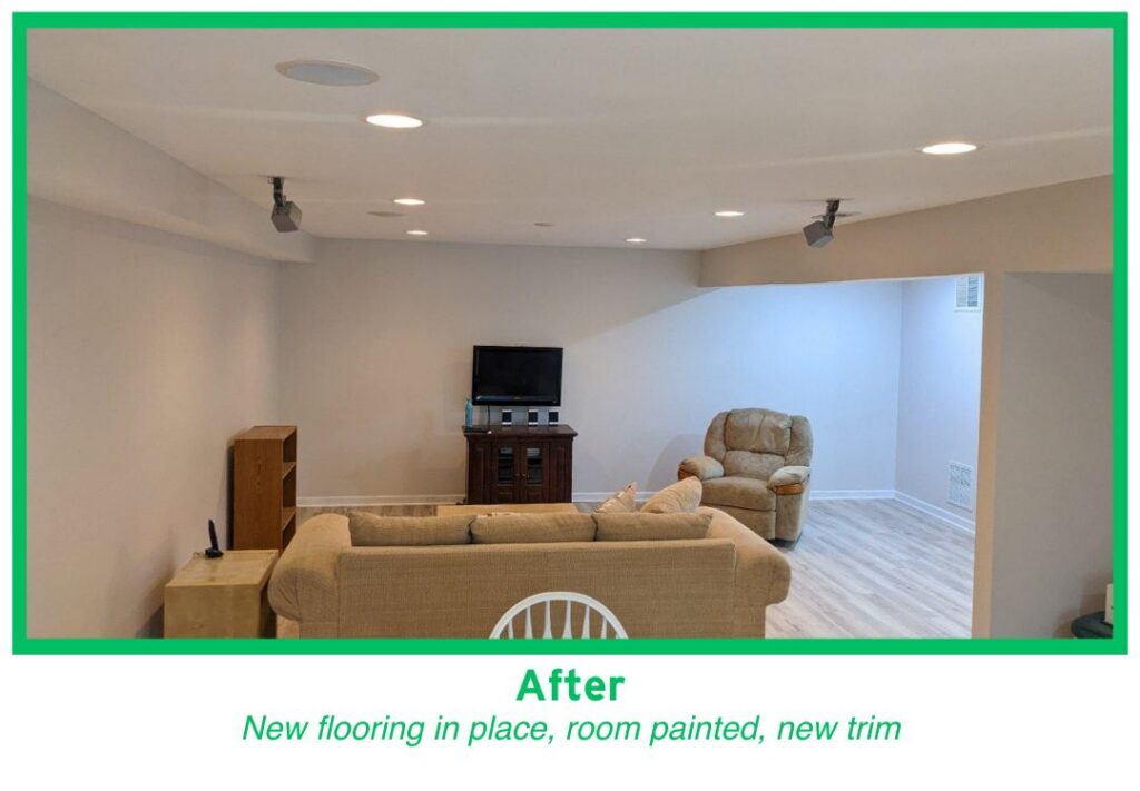 Basement improvement after leaking pipe water damage, completed by Puroclean Romeoville, IL