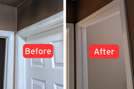 Before and After of Black smoke and soot on white door trim after PuroClean Romeoville mitigated