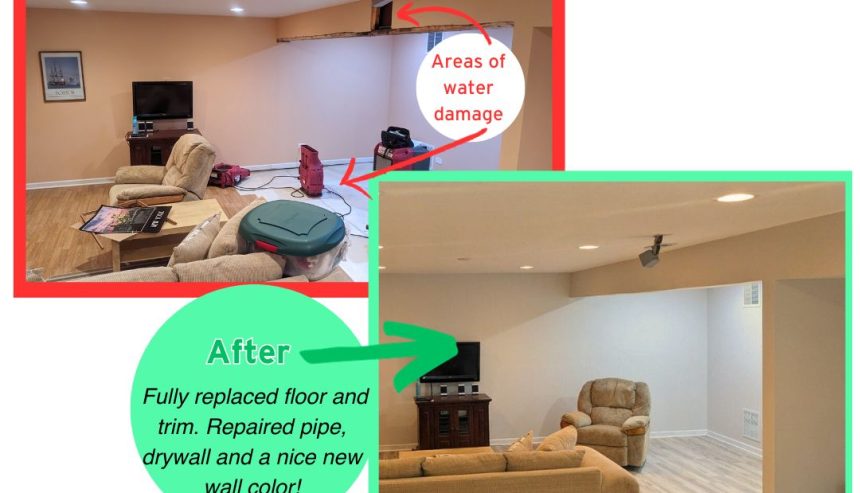 before and after water damage mitigation and improvement in Oswego, IL by Puroclean Romeoville