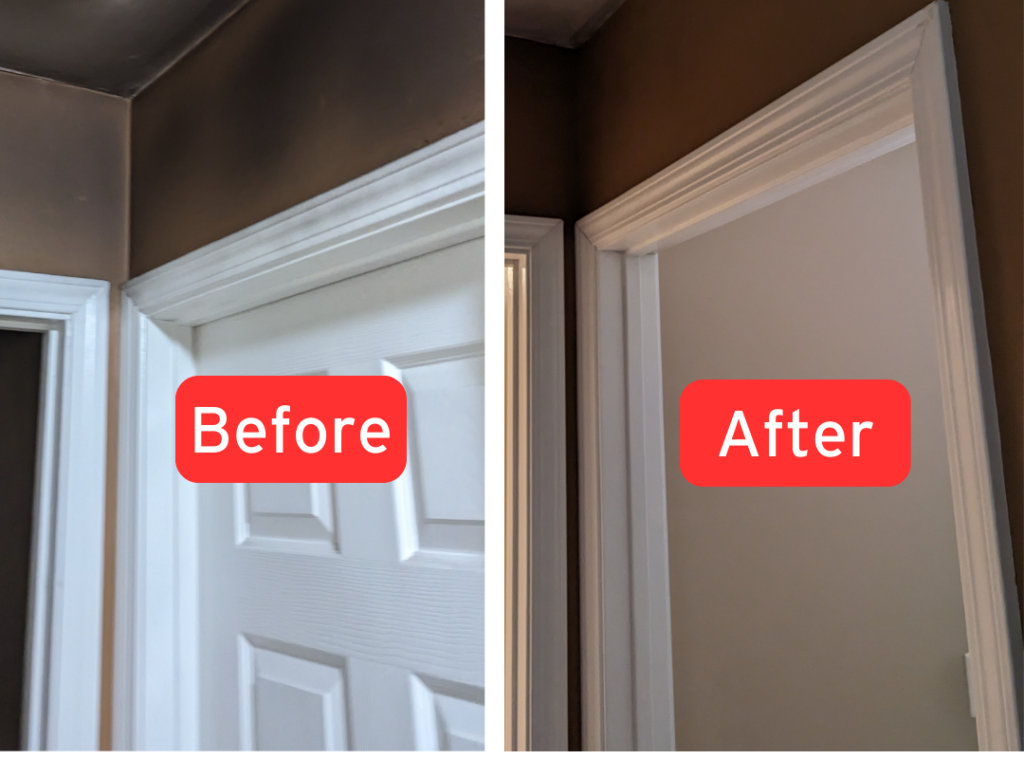 Before and After of Black smoke and soot on white door trim after PuroClean Romeoville mitigated