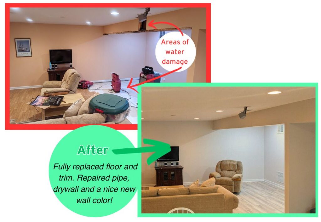 before and after water damage mitigation and improvement in Oswego, IL by Puroclean Romeoville