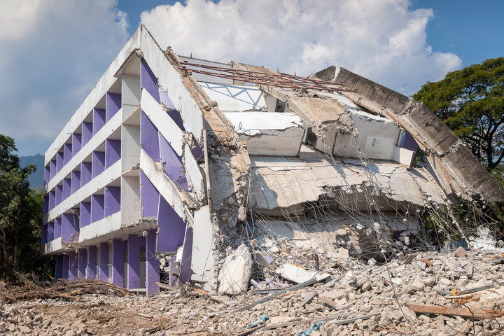 Collapsed building caused by earthquake damage.