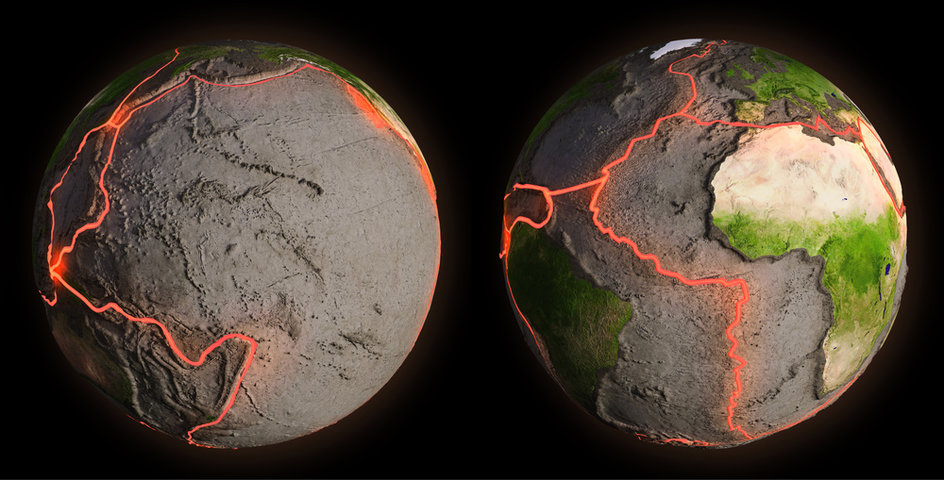 Earthquake fault lines on a globe.