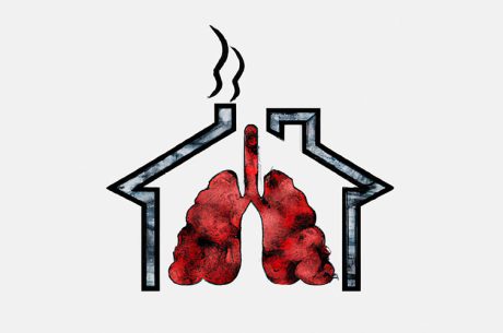 house icon with radon and damaged lungs