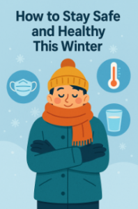 A bundled-up person wearing a hat, scarf, and coat stands in snowy weather, surrounded by icons of a face mask, a thermometer, and a glass of water beneath the title “How to Stay Safe and Healthy This Winter.