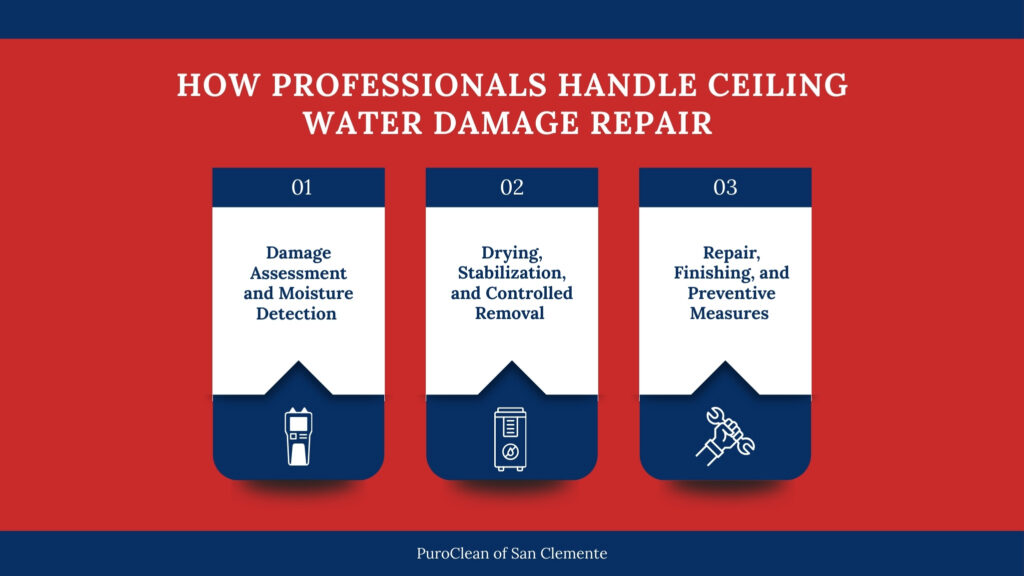 Infographic showing how professionals handle ceiling water damage repair, including damage assessment, moisture detection, drying, stabilization, repair, finishing, and preventive measures.
