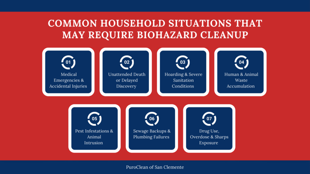 Infographic showing common household situations that may require biohazard cleanup, including medical emergencies, unattended death, hoarding, human and animal waste, pest infestations, sewage backups, and drug-related exposure